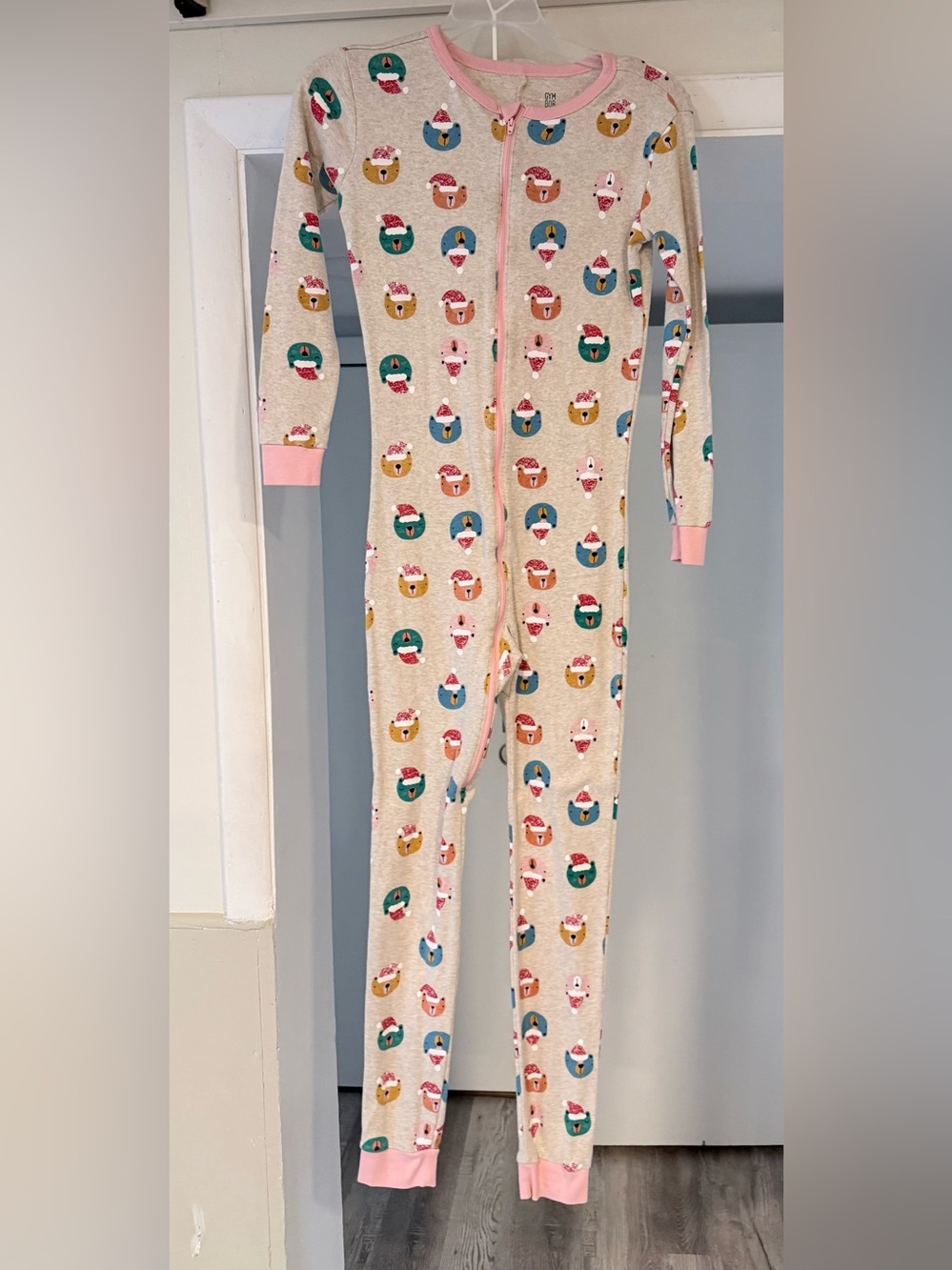 Gymboree Beige Holiday Bear Print Onesie with Pink Trim